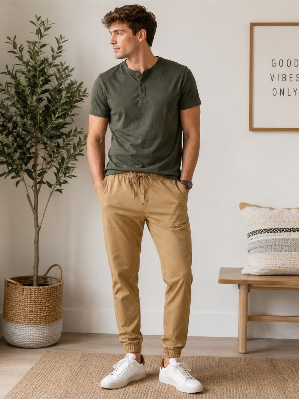 Aeropostale Men’s Khaki Jogger Pants Drawstring Cotton Sweatpants Size M